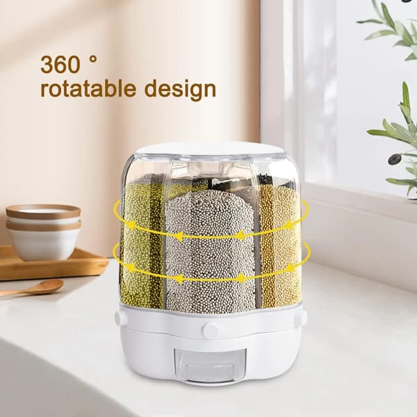 Risdispenser, 20 lbs kapacitet, 6-rums design, lufttæt forsegling, holdbart ABS-materiale, pladsbesparende