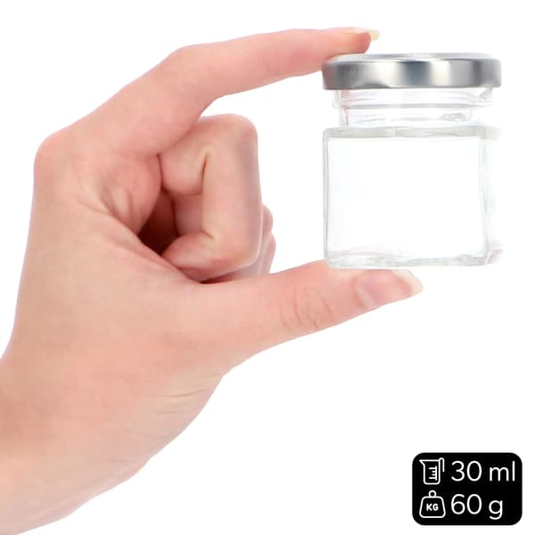 Kryddburk, 30 ml kapacitet, skruvkapsyl, set om 6, glasmaterial, hexagonal design