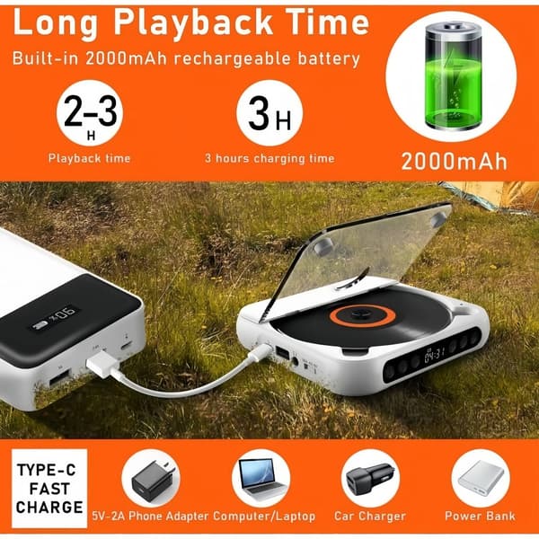 CD-afspiller, Bluetooth-forbindelse, bærbart design,sort