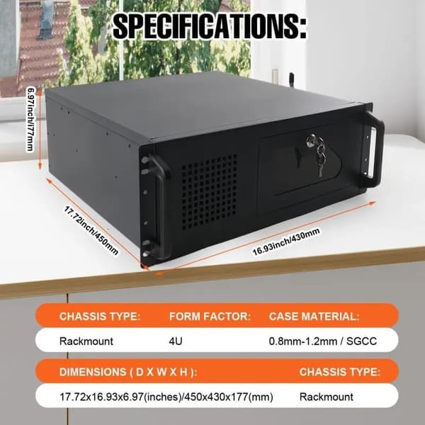 4U Serverchassi, SGCC-stålmaterial, 4U rackstorlek, stöder Mini-ITX/M-ATX, 8 HDD-fack, 3 förinstallerade fläktar
