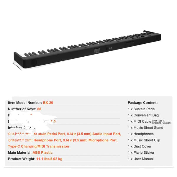 Klaver Tastatur, 88 Taster, Bluetooth Forbindelse,88 Taster Sort