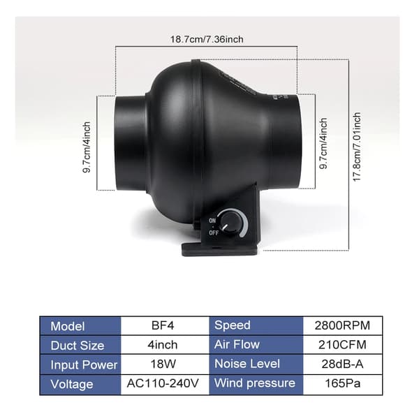 Inline Ventilationsfläkt, Hög Luftflöde, Justerbar Hastighet,18W