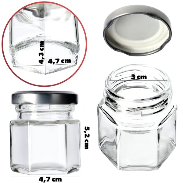 Kryddburk, 30 ml kapacitet, skruvkapsyl, set om 6, glasmaterial, hexagonal design