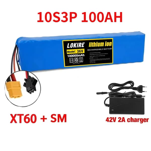 Litiumjonbatteri, 100Ah kapacitet, 36V spänning, XT60-SM-Laddare