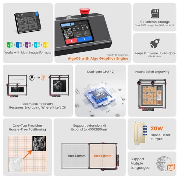 Lasergravør, Touchskærmskontrol, WiFi-forbindelse,DIYKIT MK2 10W