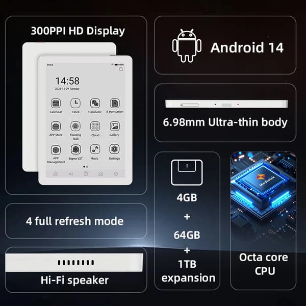 E-læser, 6-tommer E-Ink Skærm, Android 14 OS,B6 BW e-bog og etui
