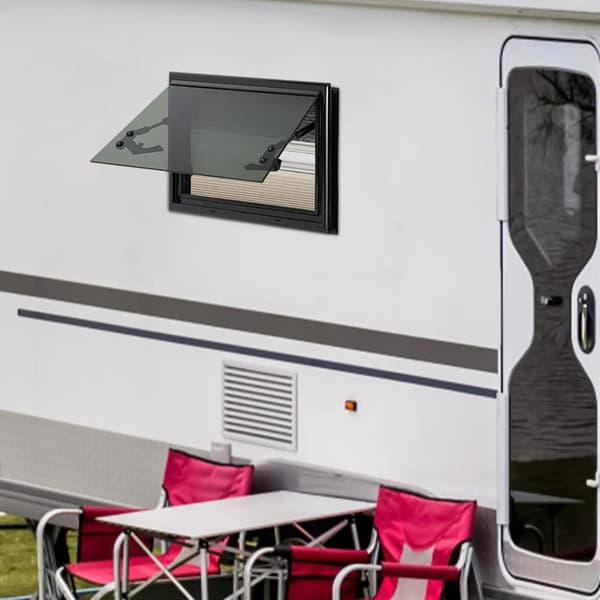 Campingvognsvindue, hængslet design, integreret rulleskærm,sort