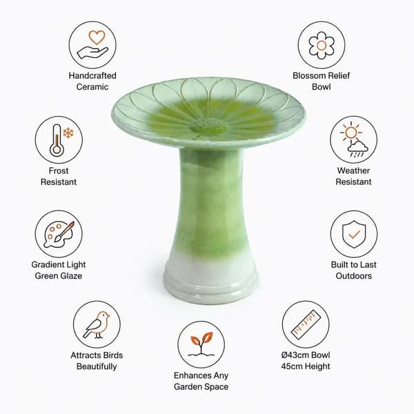 Fågelbad, Blomsterreliefdesign, Hållbar Keramisk Konstruktion,armégrön