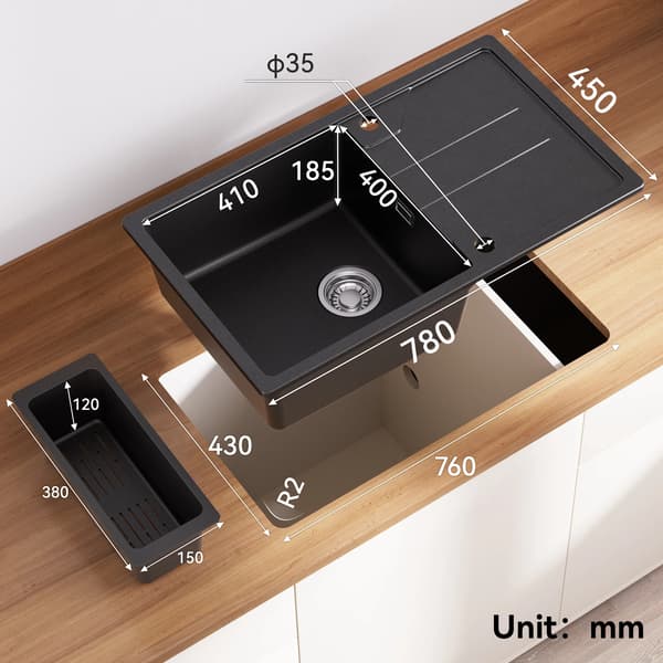 Køkkenvask, Komposit Granit, Omvendelig Installation,sort