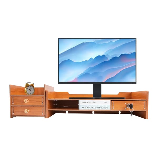Monitorstand, Træopbevaringsskuffer, Ergonomisk Skrivebordsorganisator,Brun