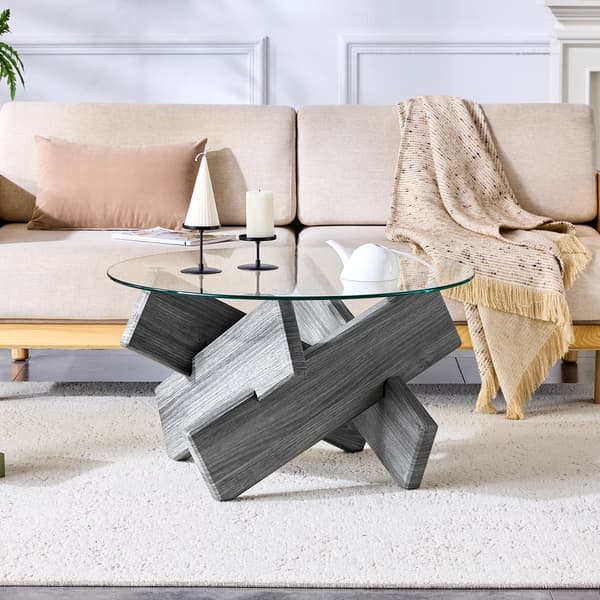 Cafébord, MDF og glas, stilfuld krydsformet base,Grå - MDF-glas