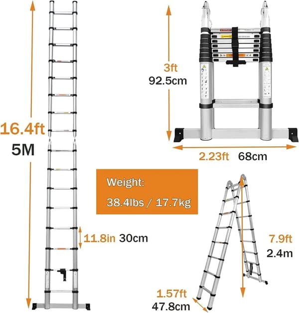 Teleskopstige, Multifunktionelt Design, Holdbart Rustfrit Stål,5M/2.5M+2.5M