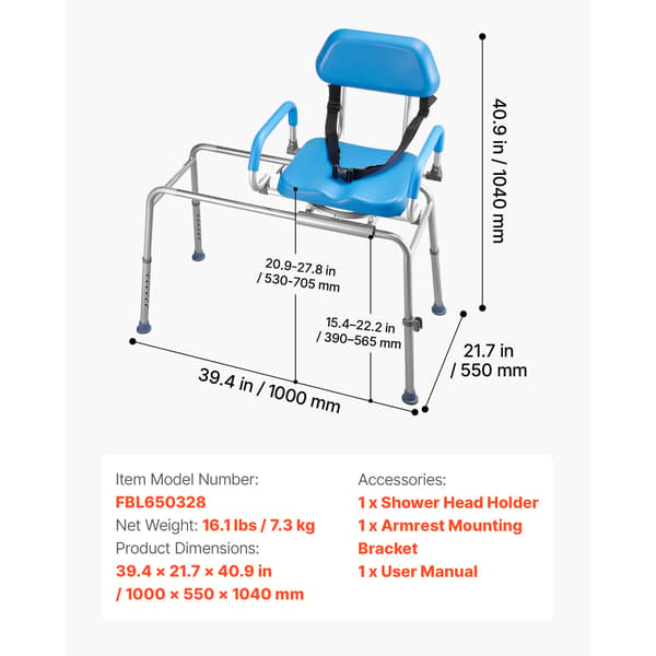 Duschstol, Svängbart Säte, Lyftbara Armstöd,330 lbs