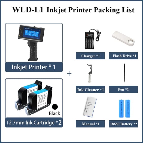Håndholdt inkjetprinter, hurtigttørrende blæk, dual spændingsdrift,Printer med 2 sort
