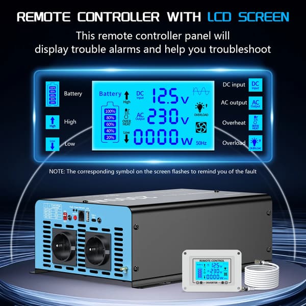Strömväxlare, Pålitlig 2000W, LCD-display,12V 2000W (4000W Peak)