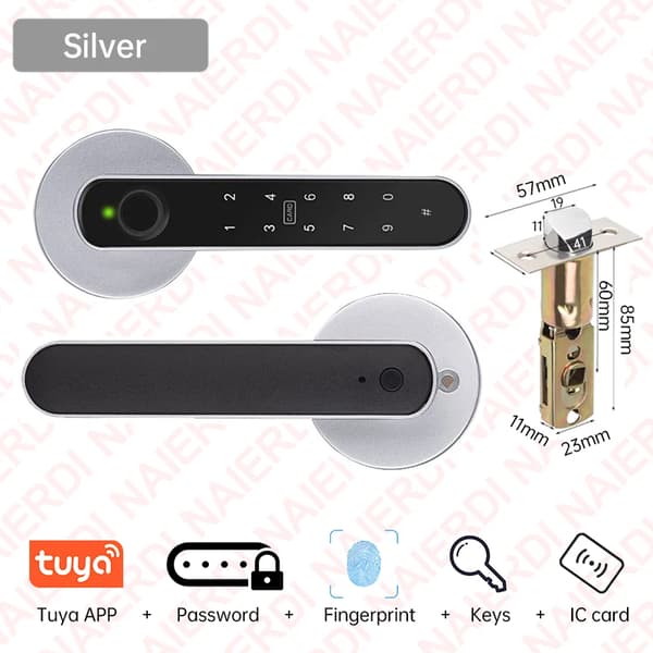 Smart Fingeraftryksdørslås, Bluetooth-forbindelse, Flere låsemuligheder,Sølv