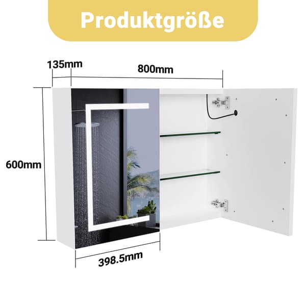 Badrumsskåp, Touchsensor LED-belysning, Justerbar ljusstyrka,Dubbel dörr
