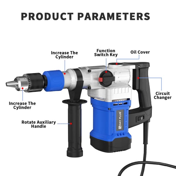 Rotary Hammer Boremaskine, 1500W Effekt, 4-Funktions Design,Blå
