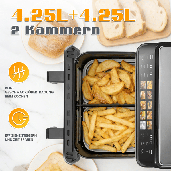 Air Fryer, Dobbelt Kurv 8.5L, 2000W Effekt, 80-200 °C Temperaturinterval, LED Touch Panel, 10 Madlavningsprogrammer