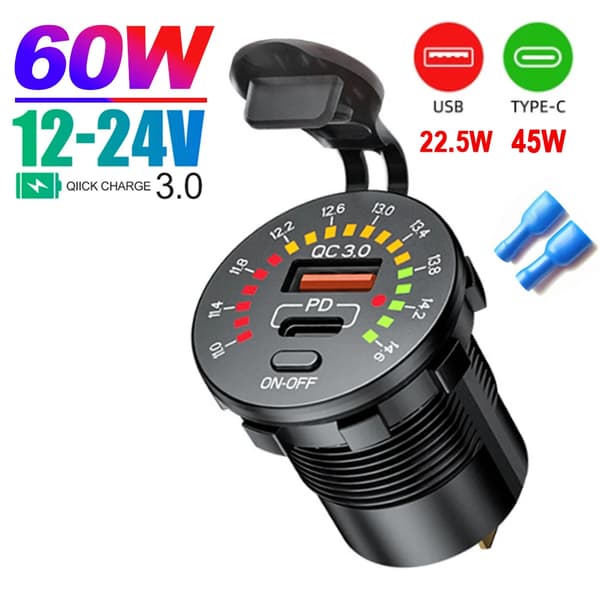 USB Oplader Stik, Dobbelt USB Porte, LED Voltmeter,QC3.0 og PD