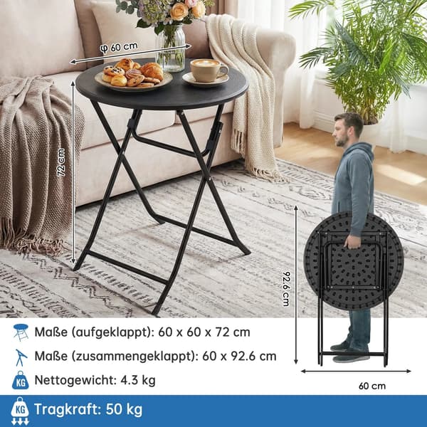 Foldbart Bord, Stålramme, Bærbart og Robust,Rund 60cm Sort