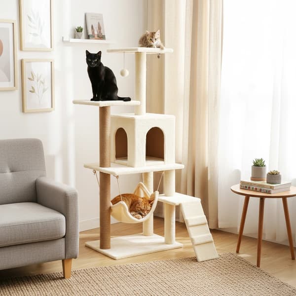 Kattetree, Multi-lagede platforme, Sisal kløeposter,YL-MPJ-off-white