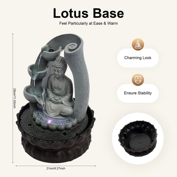 Harz Buddha Vandfontæne, LED Lys, Stille Drift,Grå