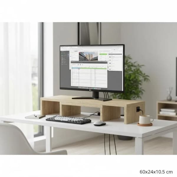 Monitorställ, konstruerat trädesign, inbyggda förvaringsfack,Brun
