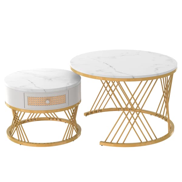 Kaffebord Set, Rund Design, Minimalistisk Stil,Vit + Guld + MDF