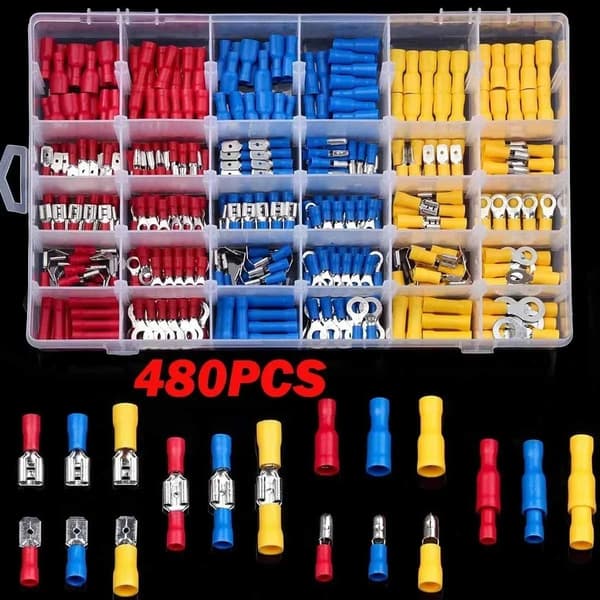Ledningsforbindelsessæt, isolerede terminaler, assorterede størrelser,480PCS