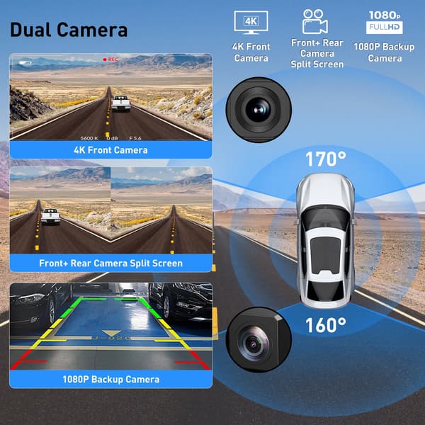 Dash Cam, 4K Front- og Bagkameraer, Smart Enhedsintegration,Ingen, sort