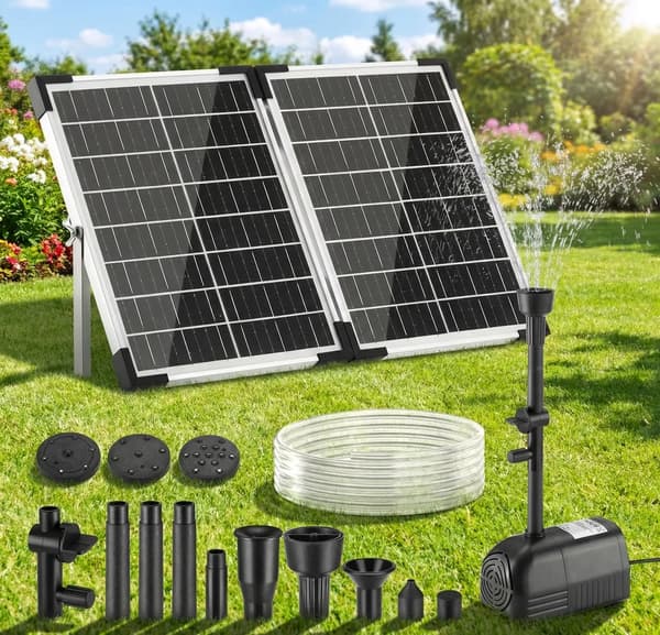 Solfontän, Glas Solpanel, Borstlös Motor,Svart