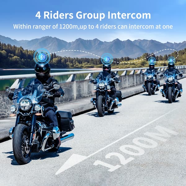 Motorcykel Intercom Headset, 4 Rytter Support, 1200m Rækkevidde, Bluetooth Forbindelse, Vandtæt Design, Støjdæmpningsfunktion