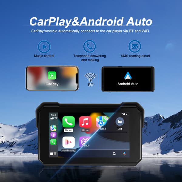 Motorcykel GPS-navigator, 5 tum, IP68 vattentålig, 854 x 480 upplösning, stöder CarPlay, stöder Android Auto