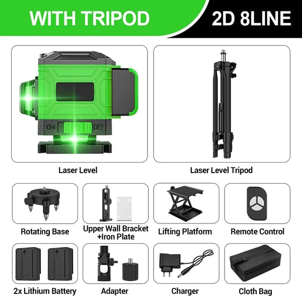 Laser niveau, 8 linjer, selvnivellerende,8--Tripod-Stofpose