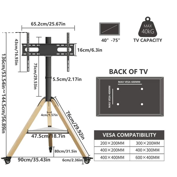 TV-stativ, justerbar højde, understøtter 40"-75" skærme,sort