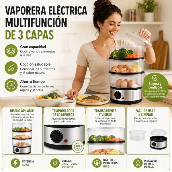 Elektrisk Maddamper, 3-Lags Design, 60-Minutters Timer,Sort