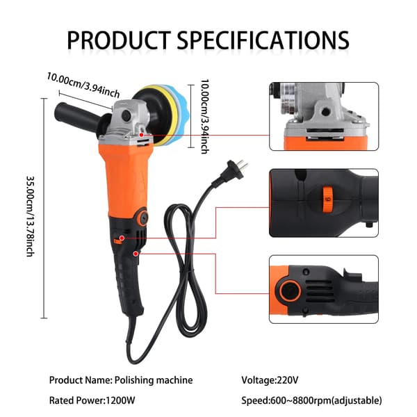 Bilpolerer, 1200W Effekt, Justerbar Hastighed,8800 omdr./min