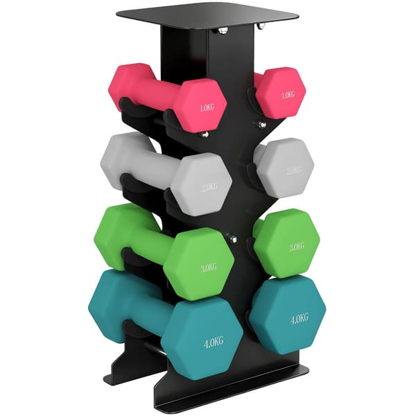 Hantelset, 8-delat sortiment, platsbesparande stativ,MULTI