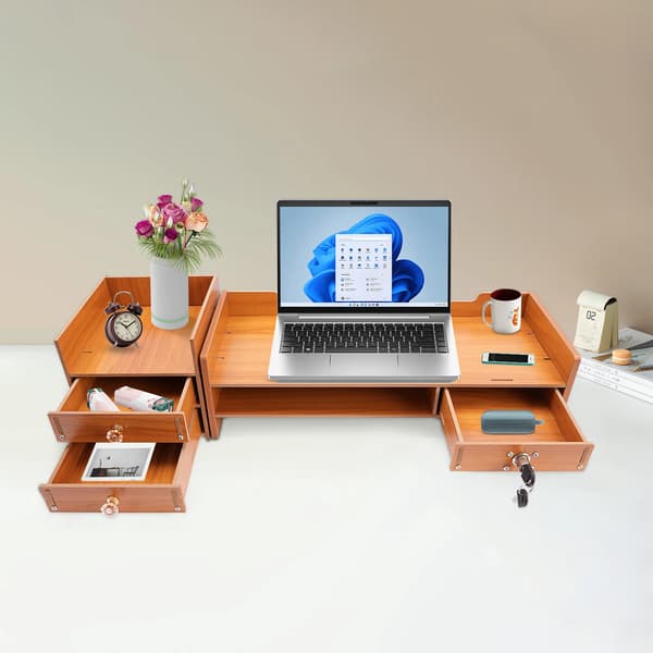 Monitorstand, Opbevaringsskuffer, Pladsbesparende Design,Træ