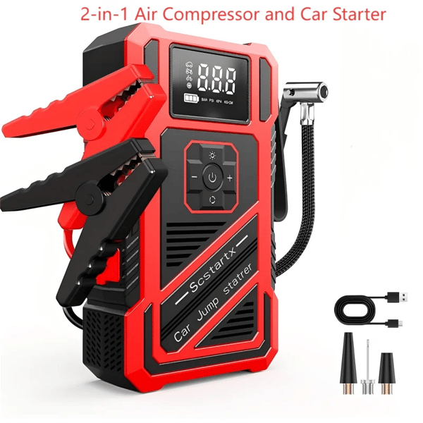 Jump Starter og Luftkompressor, 8000mAh Batteri, Multifunktionelt Design,Rød