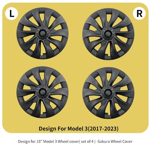 Hjulnav, Holdbart Plastik, Nem Installation,Sakura Stil Sort, Tesla, 2017-2023