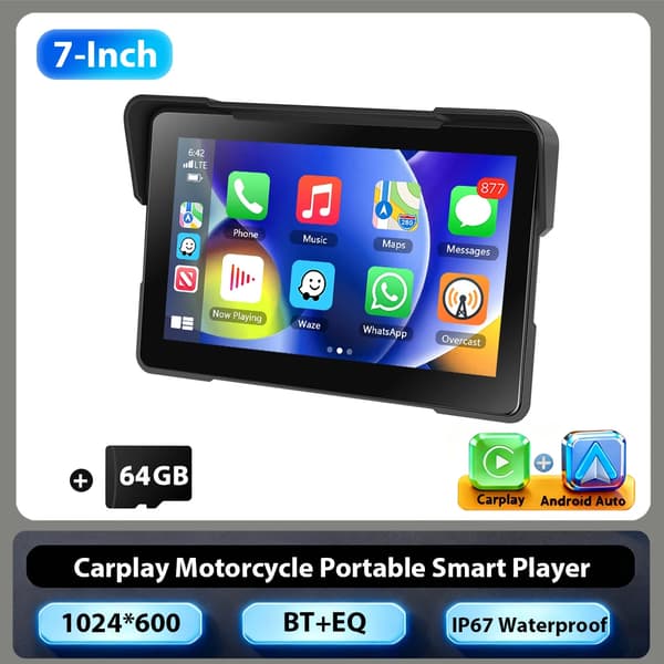 Motorcykelmonitor, trådløs CarPlay, Bluetooth-forbindelse,7 tommer 64GB