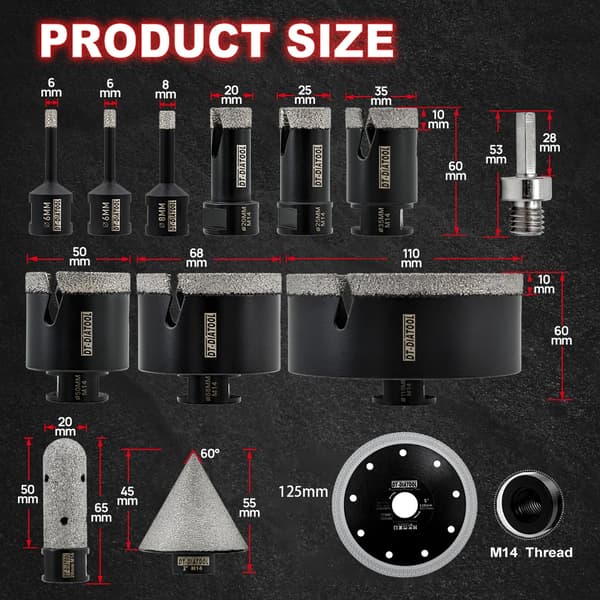 Kernebor Sæt, Diamantbelagt, 12-Delt Kit,14PC Kit 2pc Disc, M14 Tråd