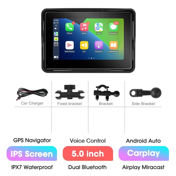 Motorcykel Navigationsdisplay, Trådløs CarPlay, Bluetooth Support,5 tommer Carplay