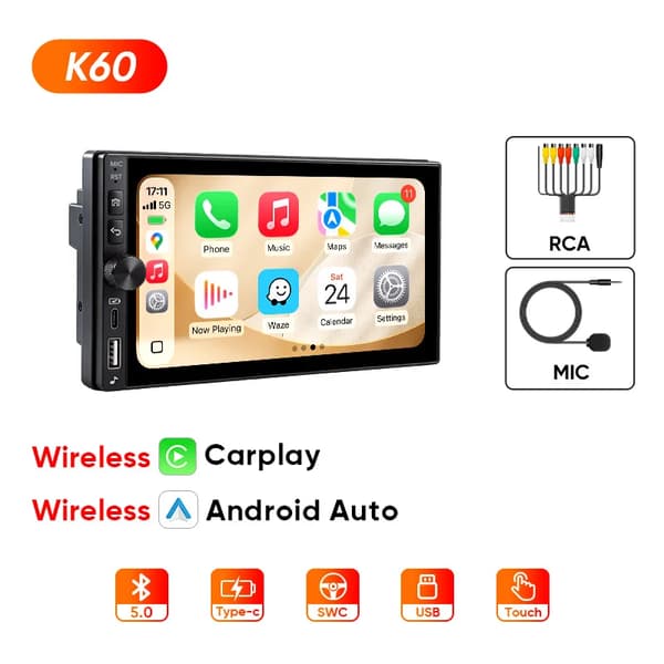 Bilradio, Pekskärm, Smartphone-integration,K60 Trådlös+RCA+MIC