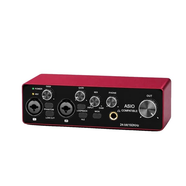 Lydinterface, 24-bit/192kHz, USB-drevet (5-20V DC), 48V phantom strøm, PC- og Mac-kompatibel, Metalhus