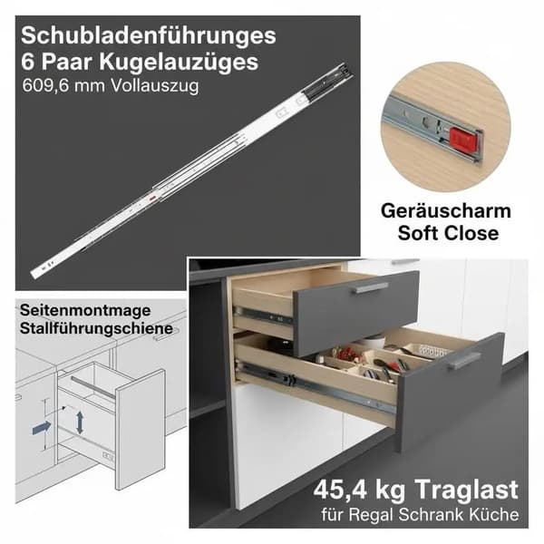 Lådslidningar, kulagerkonstruktion, tyst mjukstängning, armégrön