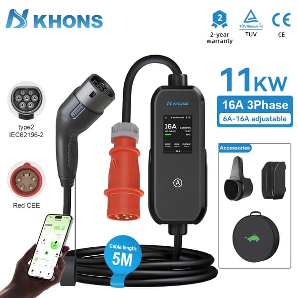 Bärbar EV-laddare, 11KW effekt, Smart appkontroll,11KW