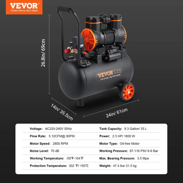 Luftkompressor, 900W effekt, 2,1 gallons kapacitet,35L 1800W